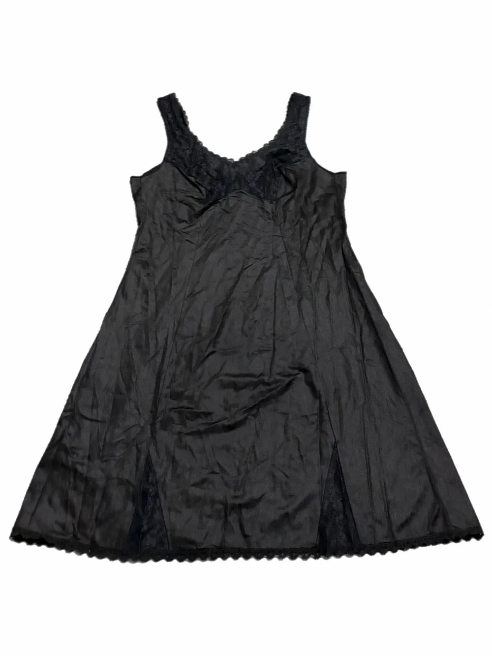 70s European Vintage Triumph Silky Lace Accent Midi Slip Dress (Black) Size M
